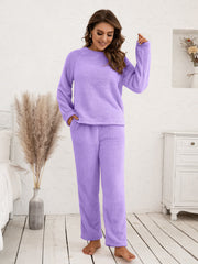 Plush loungewear set in lavender with raglan sleeves and straight-leg pants.