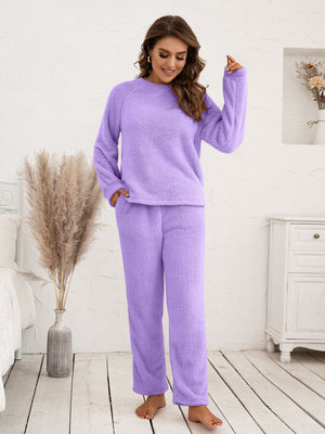Plush loungewear set in lavender with raglan sleeves and straight-leg pants.