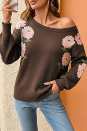 Floral Print Drop Shoulder Relaxed Sweater in Dark Brown, front view