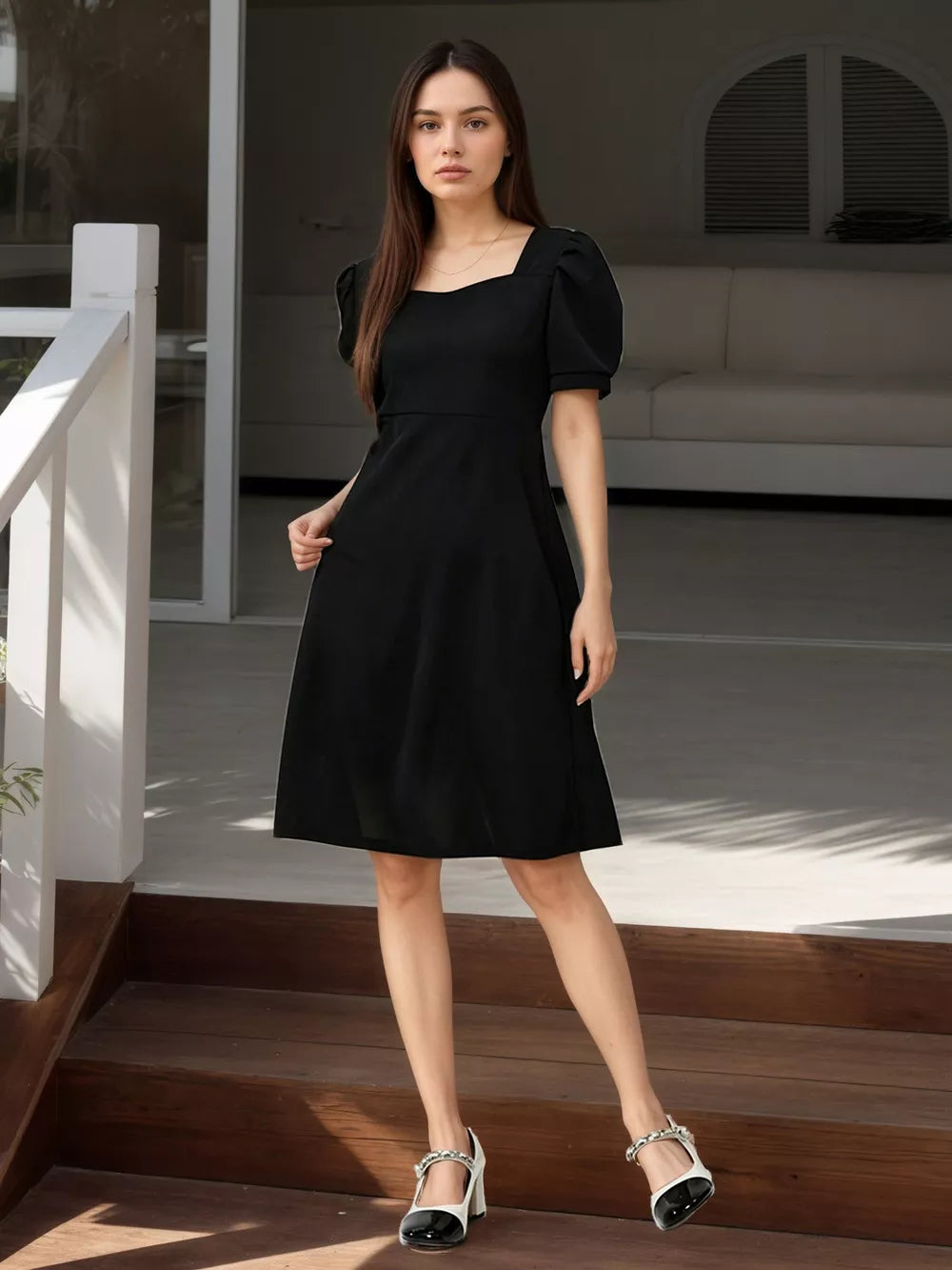 Puff Sleeve Bow Back Mini Dress, side view