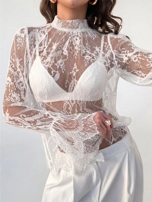 Lace Flounce Sleeve Top in Black, alternate angle