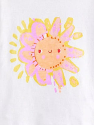White cotton t-shirt with a playful cartoon sun graphic in pink and yellow.