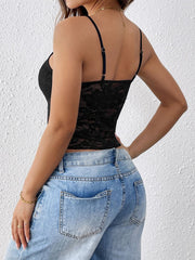 Black lace bustier cami with sheer panel and adjustable spaghetti straps.