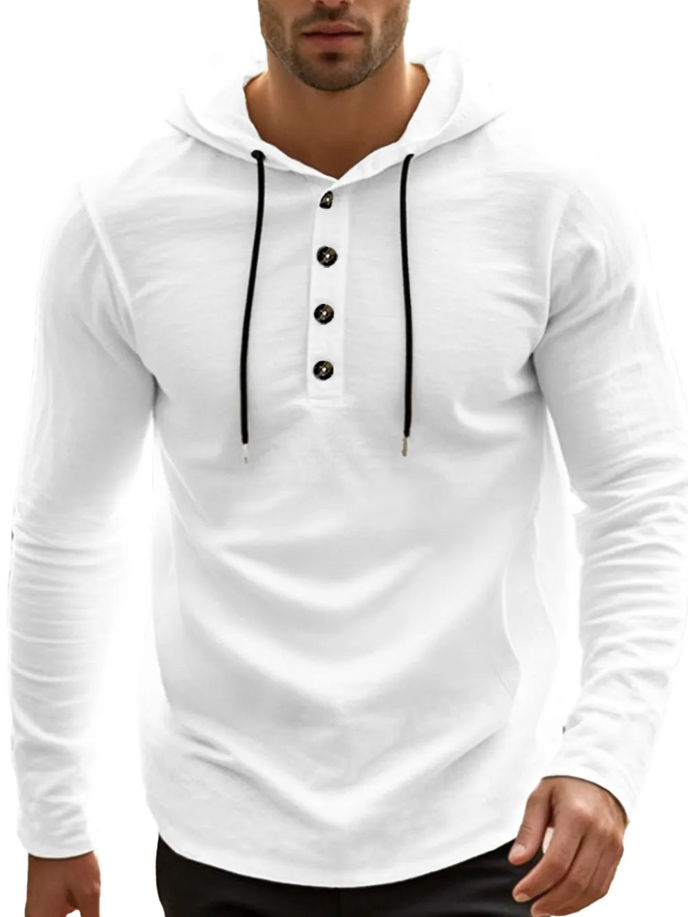 White long sleeve Henley hooded shirt with black drawstrings and button placket