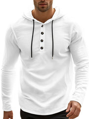 White long sleeve Henley hooded shirt with black drawstrings and button placket