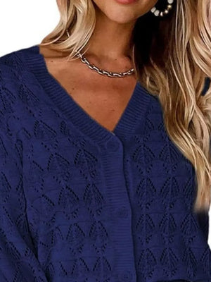 V-neck Openwork Button-down Knit Cardigan in White, view 17