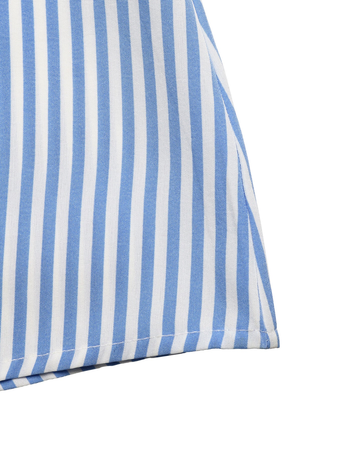 Blue and white striped midi dress with smocked detail and lace trim.