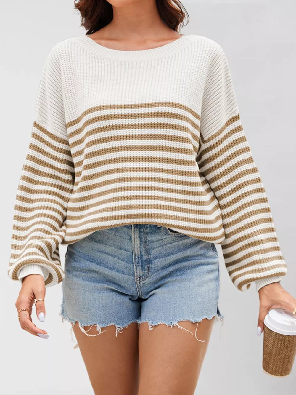 camel pullover sweater featuring ribbed knit and striped