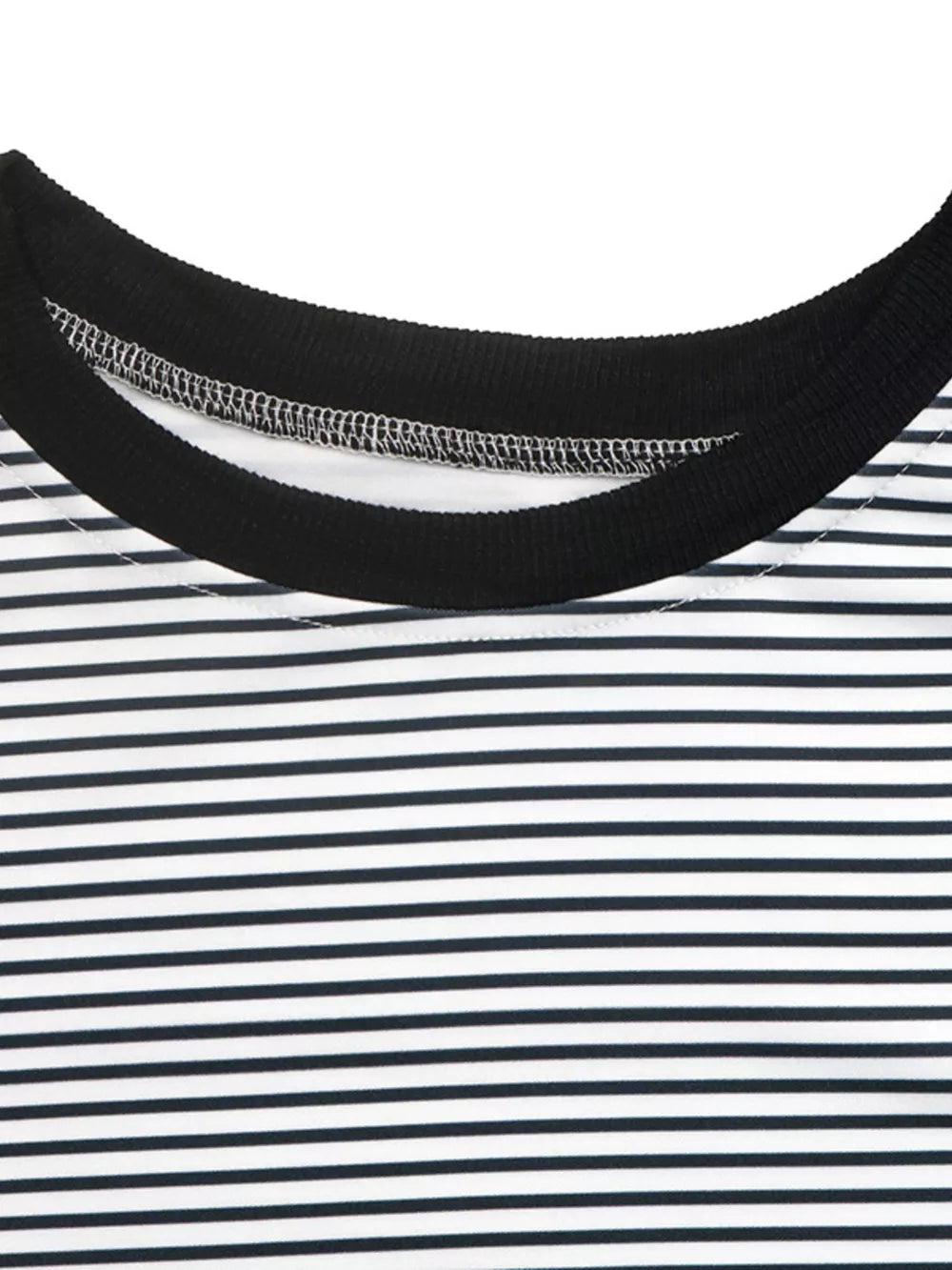 Black and white striped crew neck t-shirt with a black ribbed neckline.
