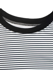 Black and white striped crew neck t-shirt with a black ribbed neckline.