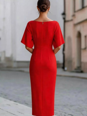 Half Sleeve Boat Neck Midi Dress in Red, product detail