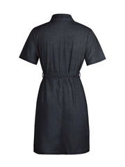 Belted denim shirtdress in dark gray with short sleeves and a collared neckline.