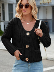 Black chunky knit cardigan with gold buttons and pockets
