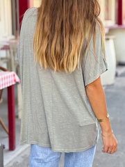 Gray relaxed fit polyester tee with short sleeves and a subtle heathered texture.