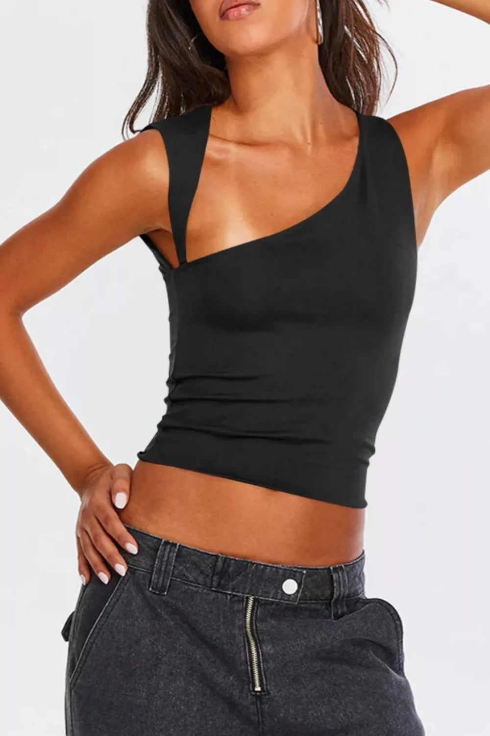 Black asymmetrical one-shoulder tank top with a cropped cut.