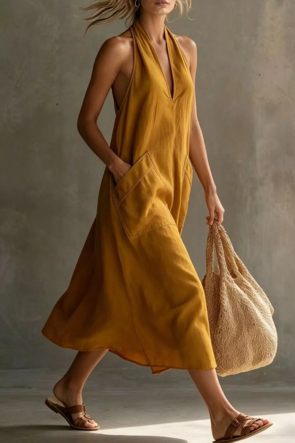 Mustard halter midi dress with pockets and V-neckline, shown on a model walking.