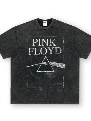 Men's dark gray vintage graphic t-shirt with Pink Floyd prism design, crew neck, short sleeves.