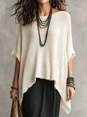 Loose Knit Round Neck Plus Size Top in White, front view