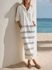 Casual Striped Drawstring Hooded Dress in White, front view