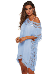Light blue kaftan cover-up with crochet trim and off-the-shoulder neckline.