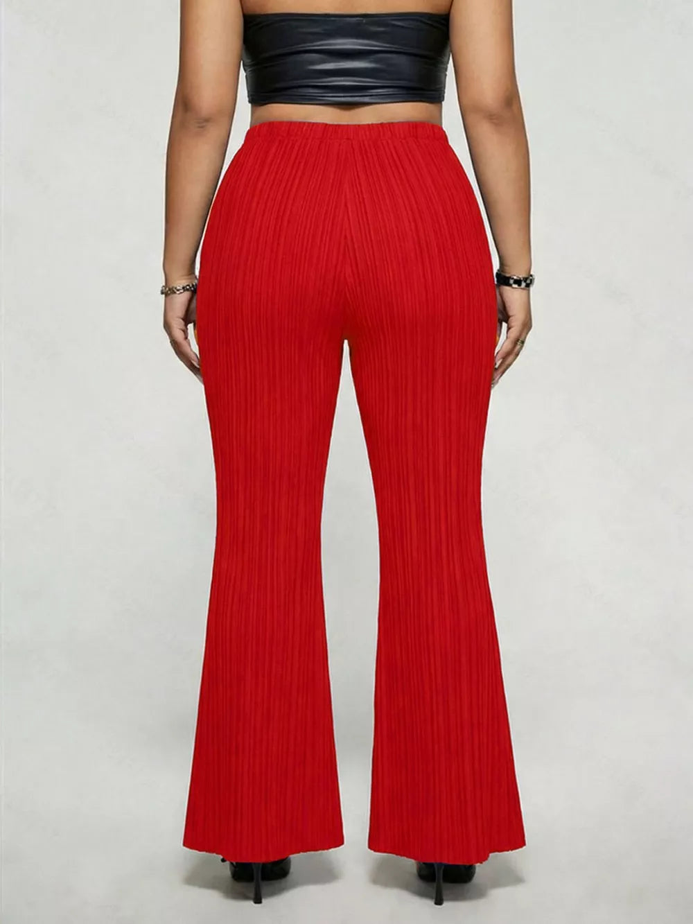 Ribbed high-waist flare maternity trousers in Deep Red with a buckle detail.