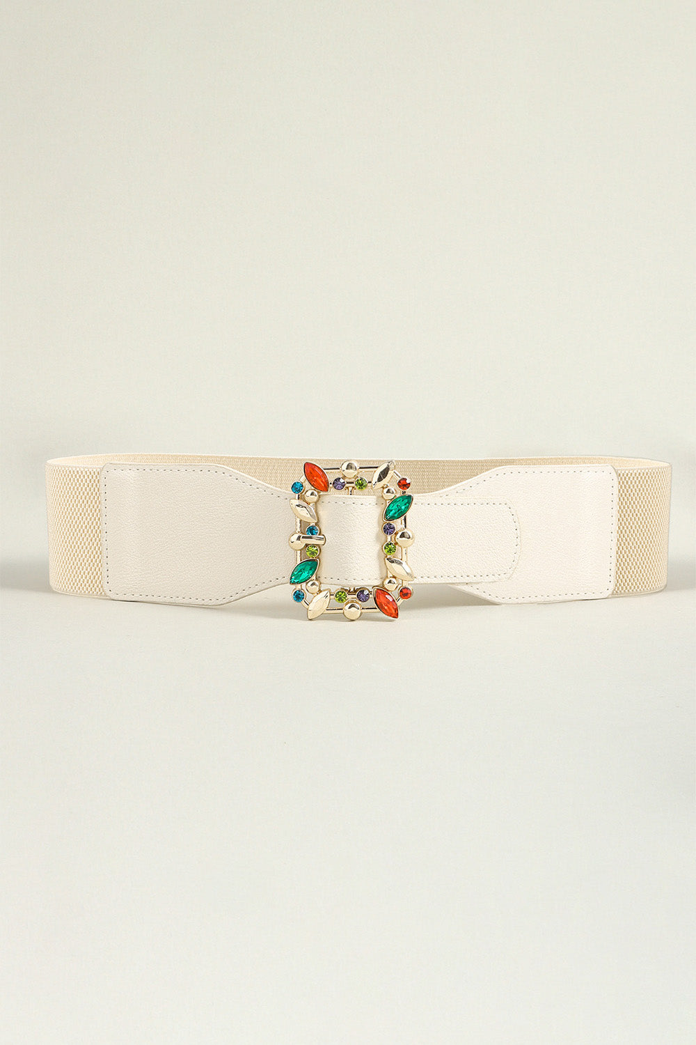 Ivory elasticated waist belt with jeweled buckle and colorful stones