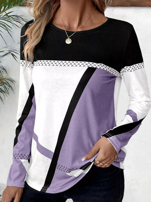 Geometric panel long sleeve t-shirt in black, white, and lavender with chevron detail