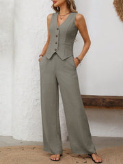 Tailored linen vest and palazzo pants set in Sage, V-neck vest with button front, wide-leg pants.
