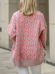 Dusty pink geometric knit button-up cardigan with a coral pattern.