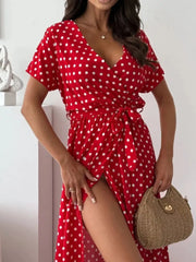 Polka Dot Surplice Maxi Dress With Slit in Dusty Pink, fit detail