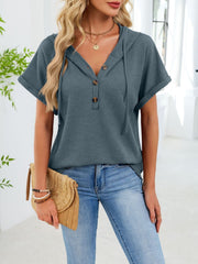Blue gray waffle knit short sleeve hooded top with button placket and drawstring.