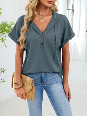 Blue gray waffle knit short sleeve hooded top with button placket and drawstring.