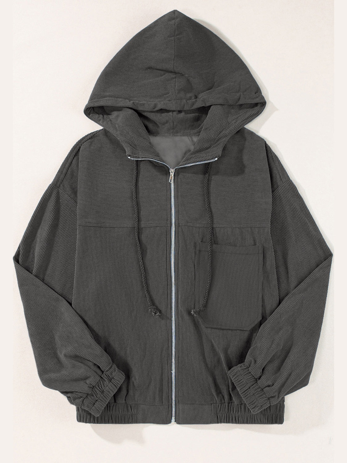 Dark Gray corduroy relaxed fit zip-up hoodie with drawstring hood and pockets.
