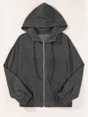 Dark Gray corduroy relaxed fit zip-up hoodie with drawstring hood and pockets.