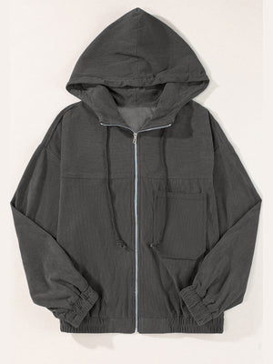 Dark Gray corduroy relaxed fit zip-up hoodie with drawstring hood and pockets.