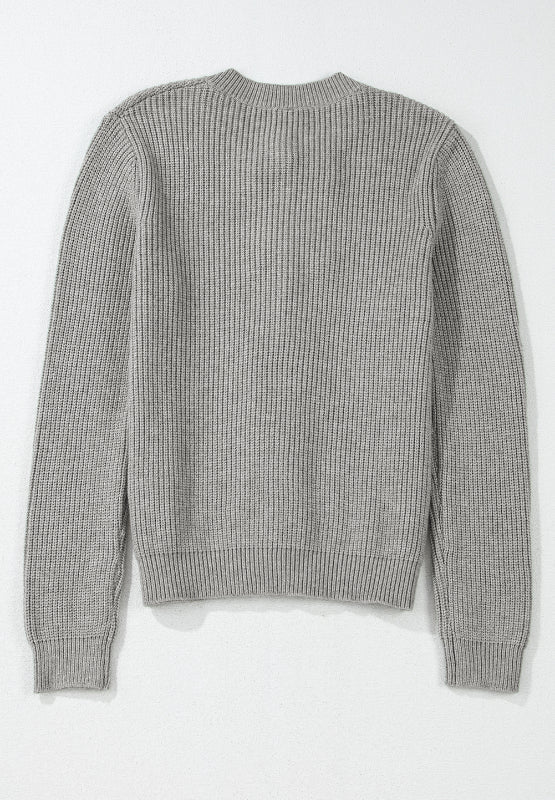 Gray ribbed knit cardigan with long sleeves and a mock neckline.