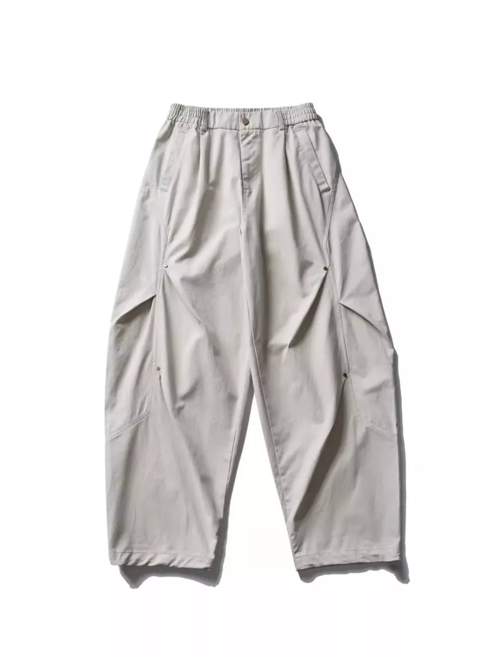 Men's loose fit cargo pants in gray with multiple pockets and elastic waistband.