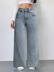 Light wash denim wide-leg high-waist jeans with a relaxed fit.