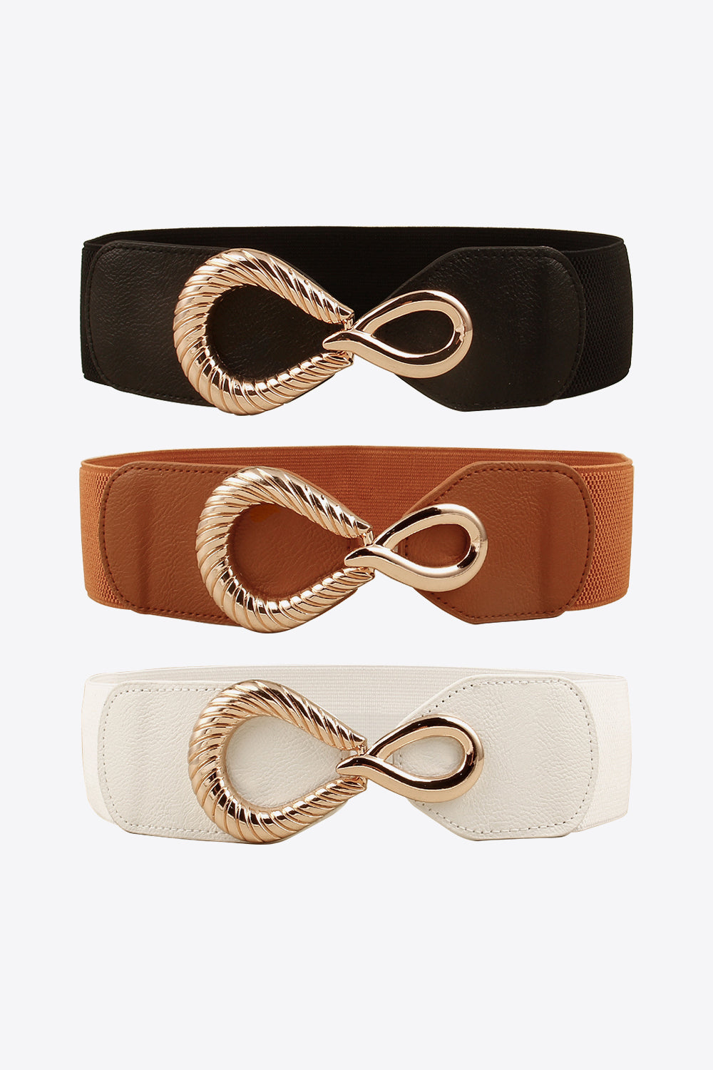 Elasticated waist belt in black, caramel, and white with sculpted gold alloy buckle.