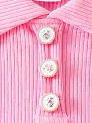 Children's Ribbed Knit Polo Top & Scalloped Shorts Set in Blue, close-up detail