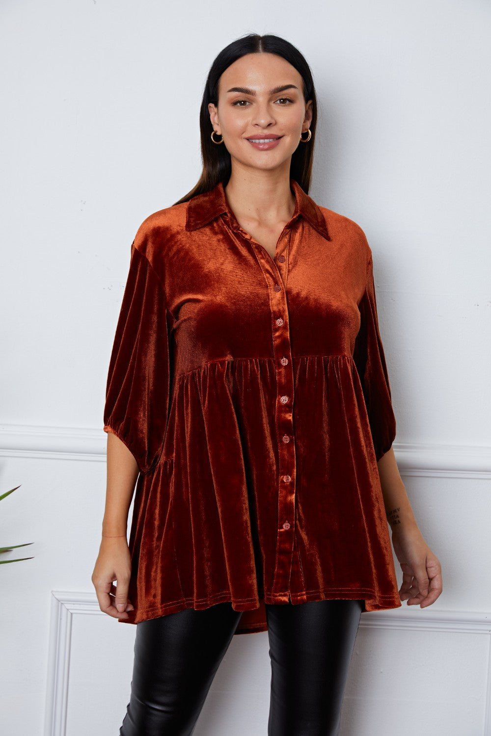 Tiered velvet button-down tunic in Chestnut with short sleeves and a relaxed fit.