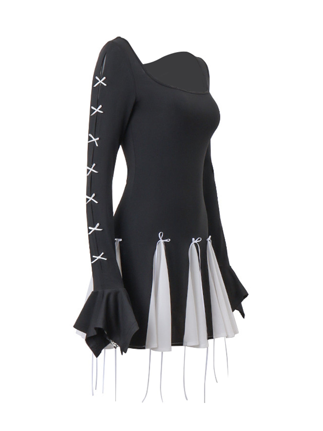 Black mini dress with white lace-up sleeves and tiered skirt with bowknot details.