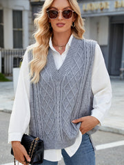 Gray cable knit V-neck sweater vest with diamond pattern, acrylic.
