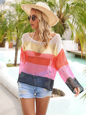 Rainbow mesh cover-up with flared sleeves, featuring horizontal stripes in pink, orange-red, yellow, and white.