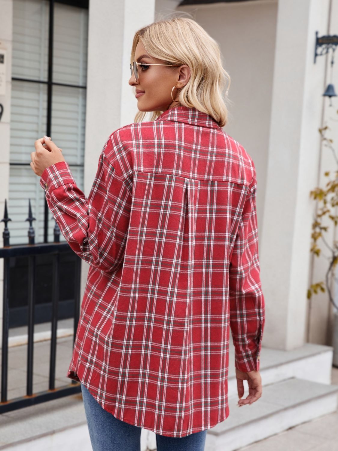 Red plaid overshirt with button front and patch pockets, long sleeves