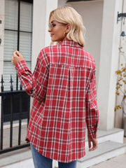 Red plaid overshirt with button front and patch pockets, long sleeves