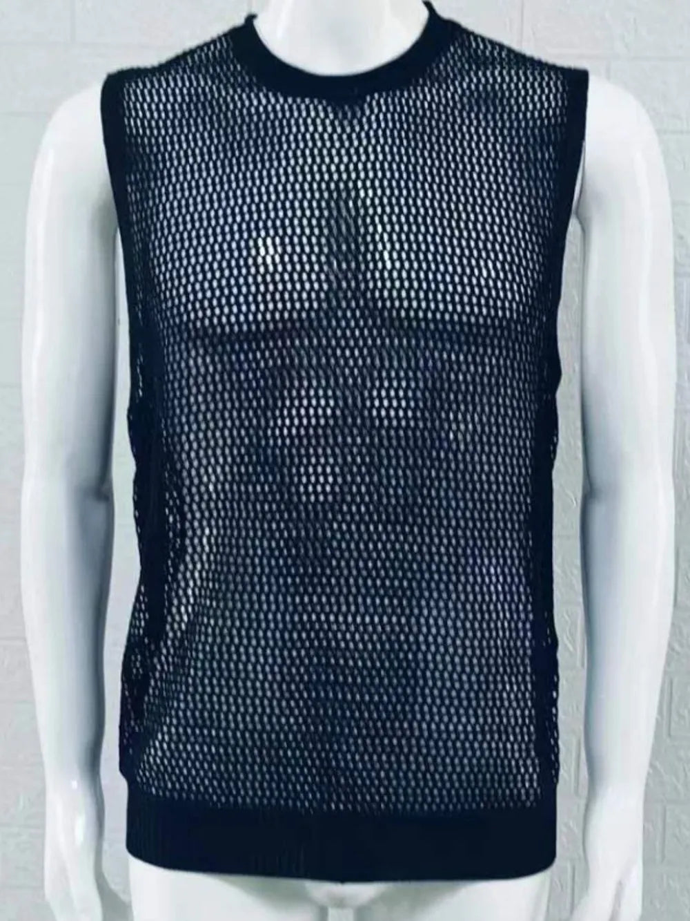 Black open-knit sleeveless crewneck tank top with a mesh pattern.