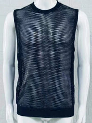 Black open-knit sleeveless crewneck tank top with a mesh pattern.