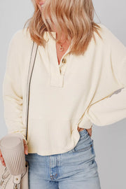 Corded Texture Lantern Sleeve Henley Sweatsuit in Ivory, fabric detail