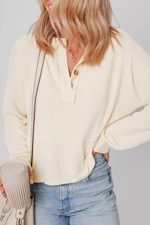 Corded Texture Lantern Sleeve Henley Sweatsuit in Ivory, fabric detail
